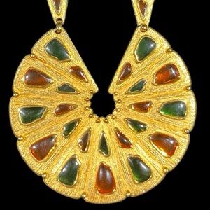 Crown Trifari Vintage Sunburst Plique a Jour Large Statement Pendant Necklace